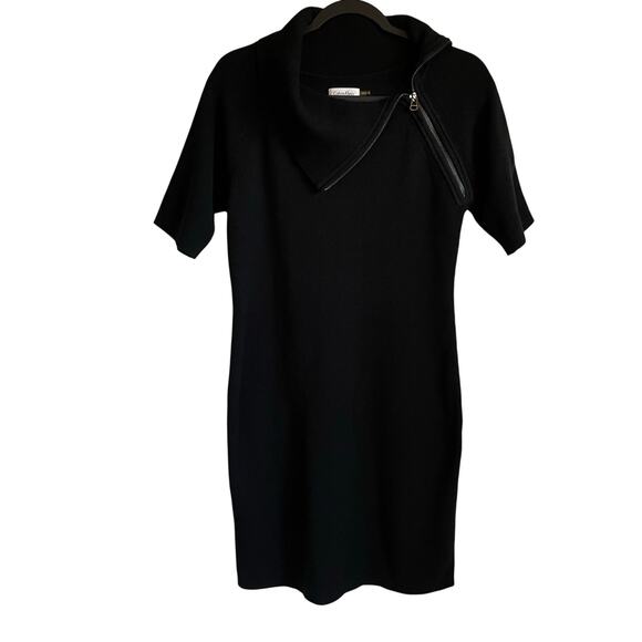 Calvin Klein Dresses & Skirts - Calvin Klein Sweater Dress M Short Sleeve Diagonal Zippered Cowl Neck Black Chic